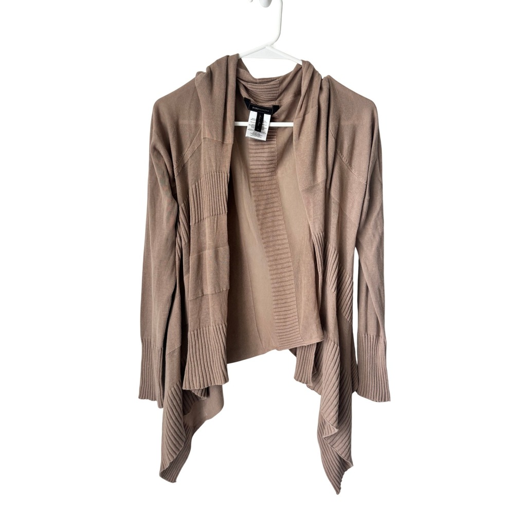 BCBGMAXAZRIA Tan Cotton Draped Open Front Ribbed Knit Cardigan Sweater Mens M